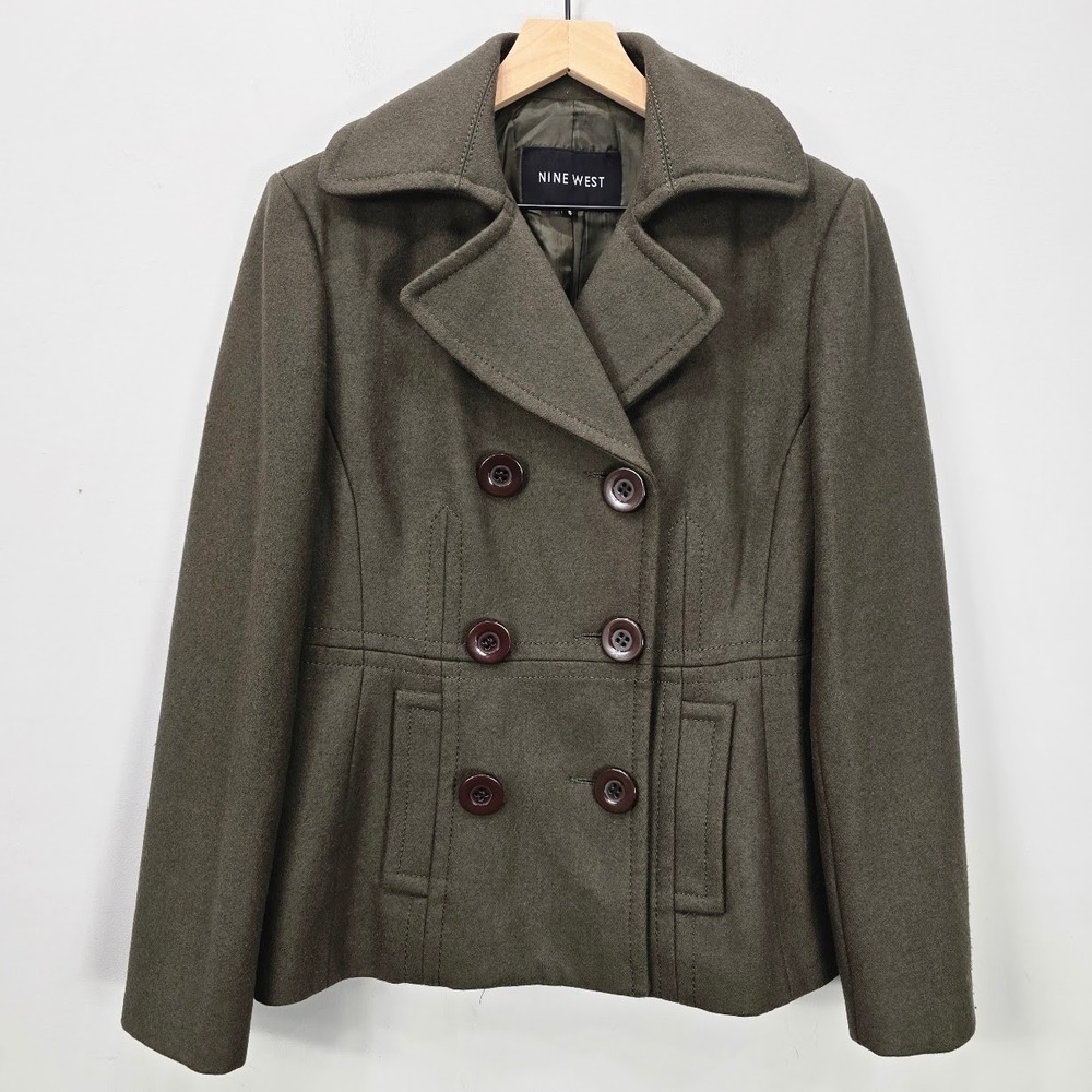 Nine West Double Breasted Peacoat Womens 6 Military Green Wool Blend Academia